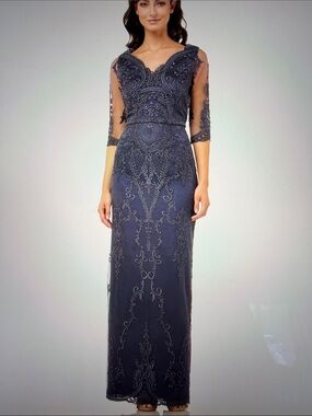 JS Collections Embroidered Scalloped V Neck Lace Evening Gown Slate Blue Size 12